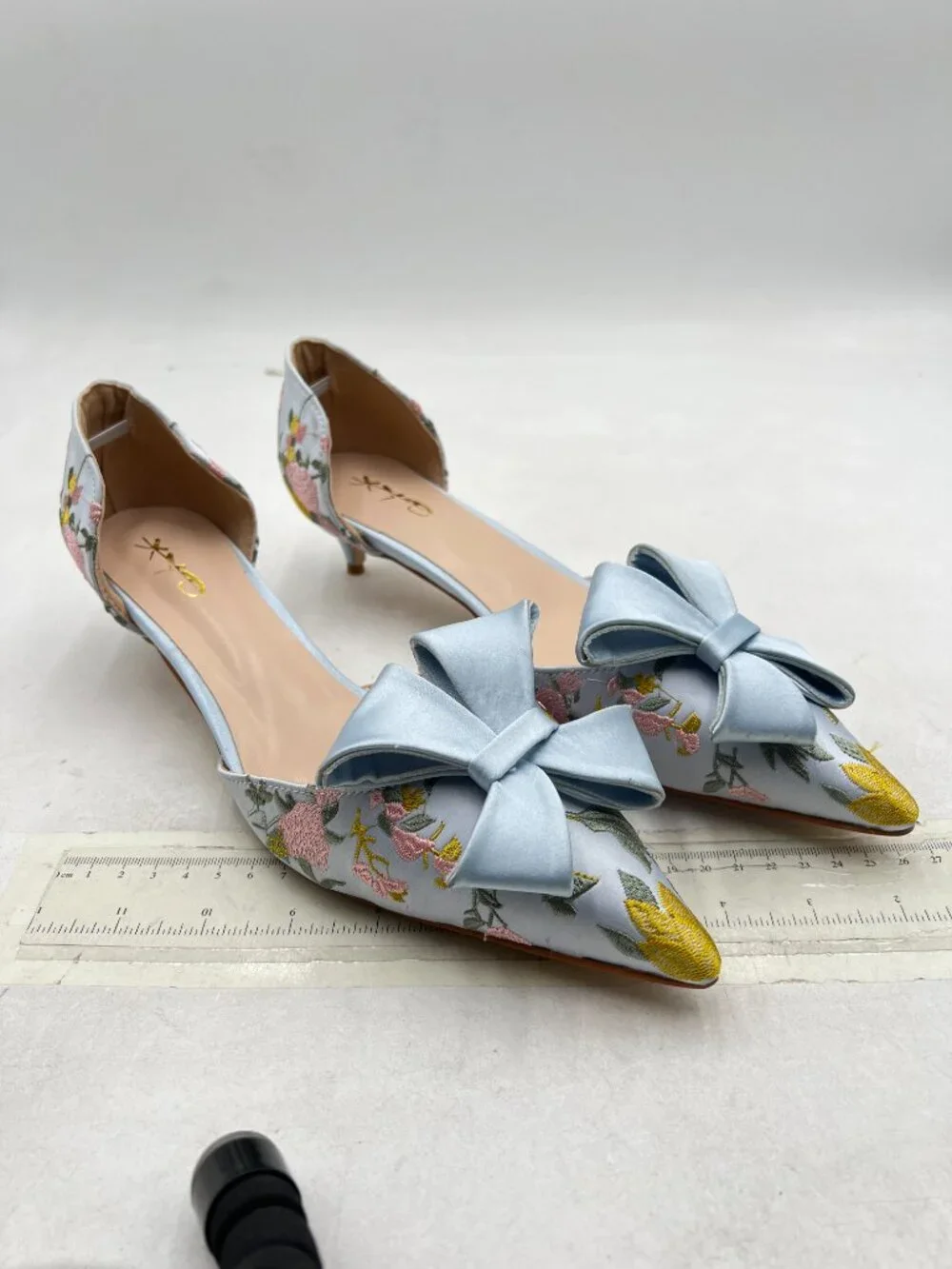 XYD Light Blue Floral Satin Pointed Toe Kitten Heel with Bow
